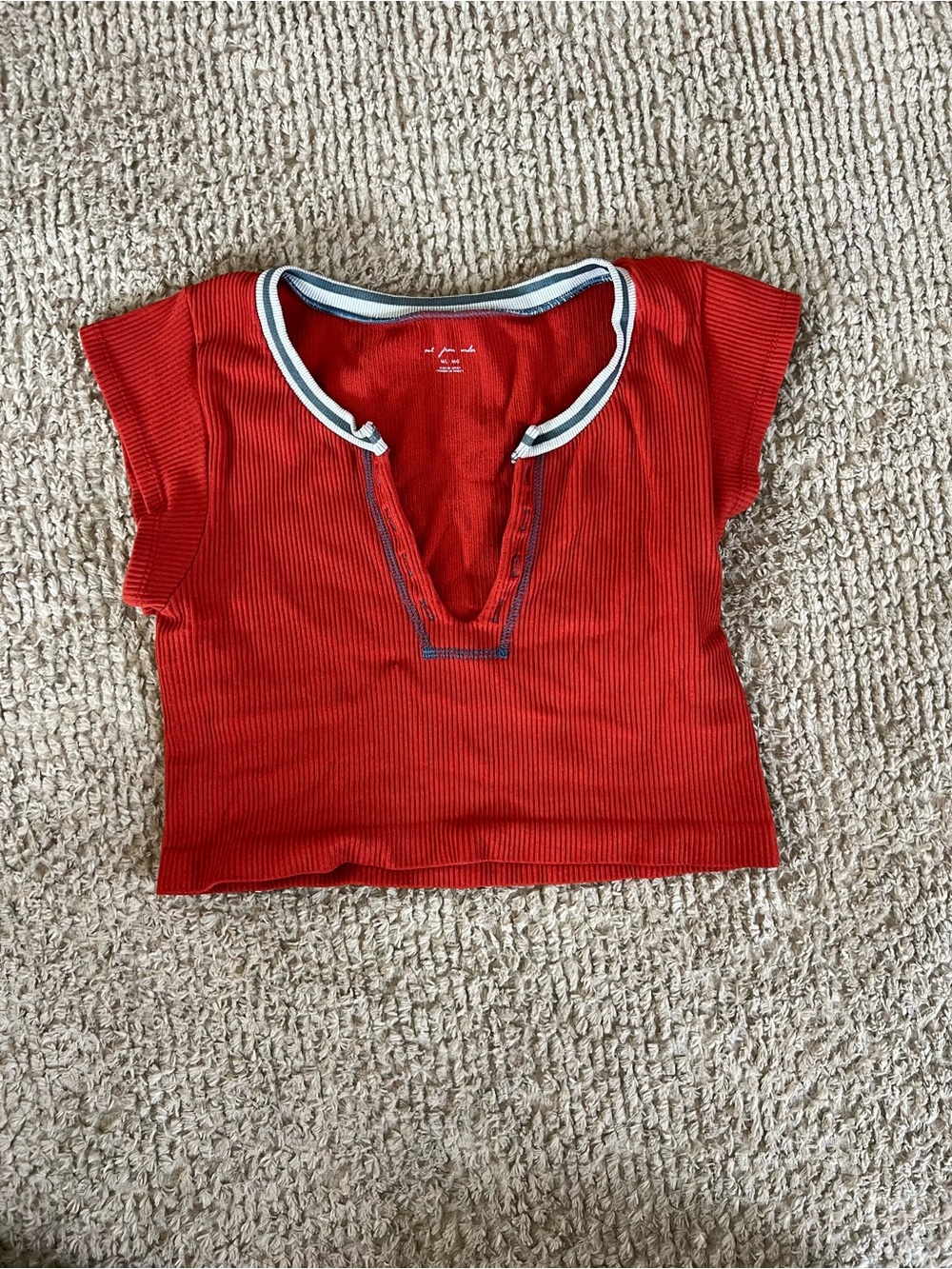 Red Ribbed V-Neck Crop with Contrast Trim